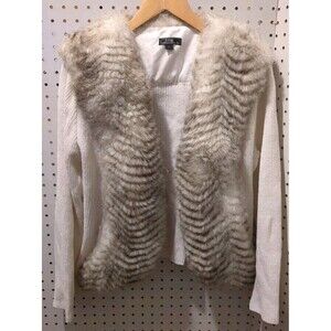 Lisa International Faux Fur Sweater Size Large Long Sleeve White Brown